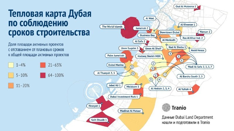 Тепловая карта Дубая по соблюдению сроков строительства.