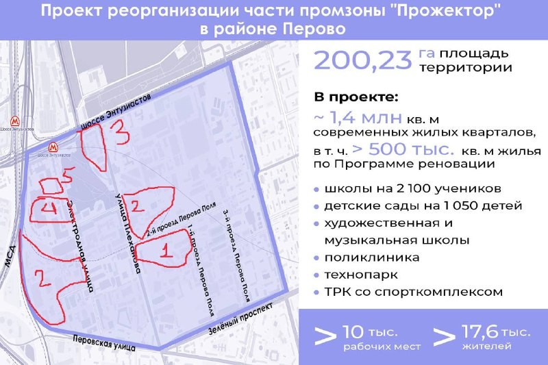 КРТ промзоны «Прожектор» в районе Перово (шоссе Энтузиастов). 1.4 млн метров жилья, девелоперы ПИК, Основа, РГ, Главстрой.