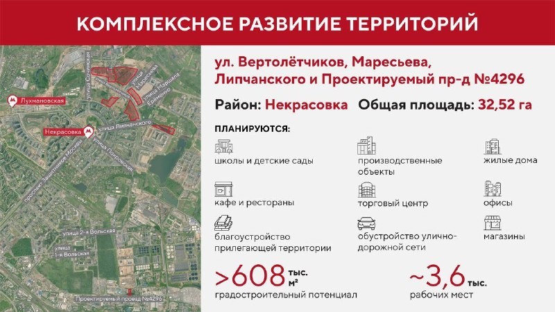 В проект комплексного развития территории «Некрасовка» входят 8 земельных участков общей площадью 32,5 га.