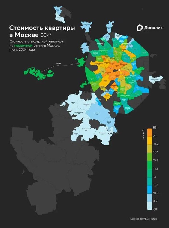 Здесь всё просто: если хочешь жильё по минимальной цене, отправляйся в Новую Москву или за МКАД.