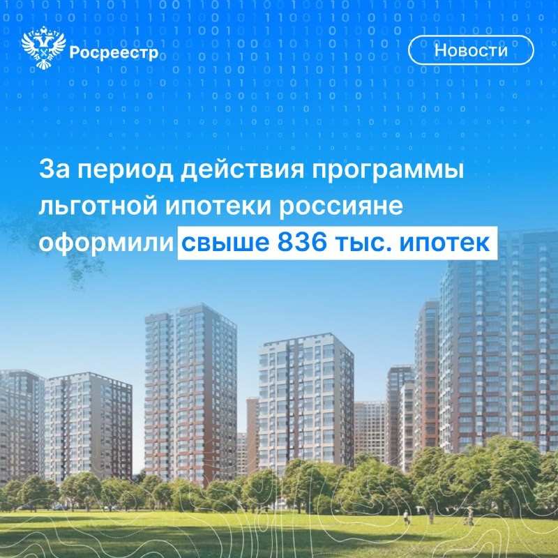 🤩 Более 836 тыс. ипотек зарегистрировал Росреестр с начала действия программы льготной ипотеки.