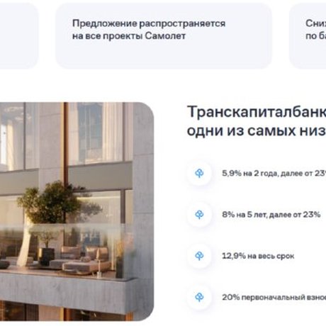 Застройщик вместе с Транскапиталбанком предлагает ипотеку с низкой ставкой на часть срока.